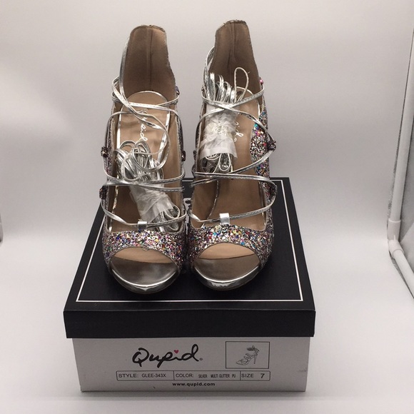 Qupid Woman’s Silver Multi Glitter Open Toe High Heels Size 7 - Picture 2 of 13
